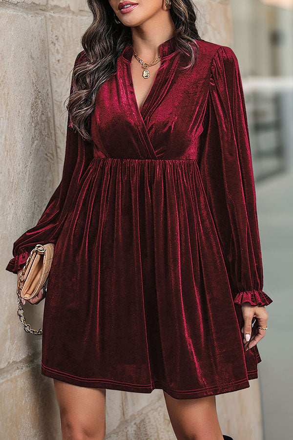 Solid Color Velvet V-Neck Long Sleeve Loose Mini Dress