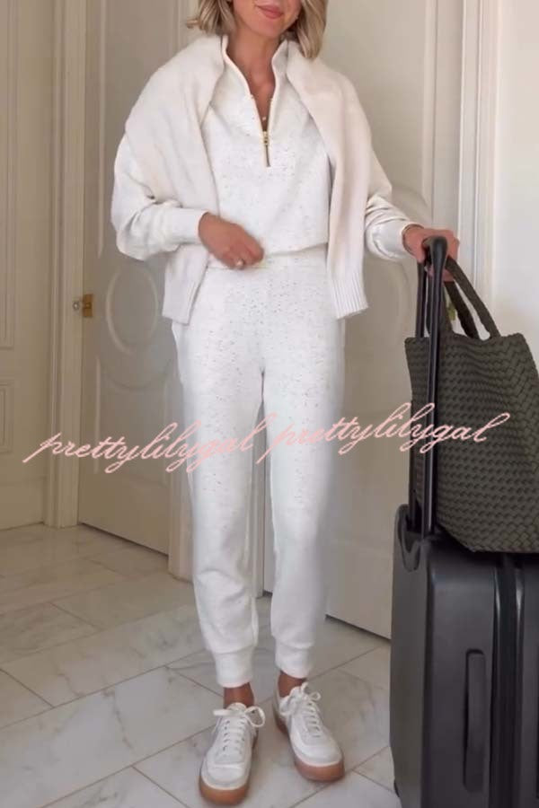 Ivory Marl Fleck Half-Zip Neck Long Sleeve Sweatshirt and Elastic Waist Pocket Jogger Set