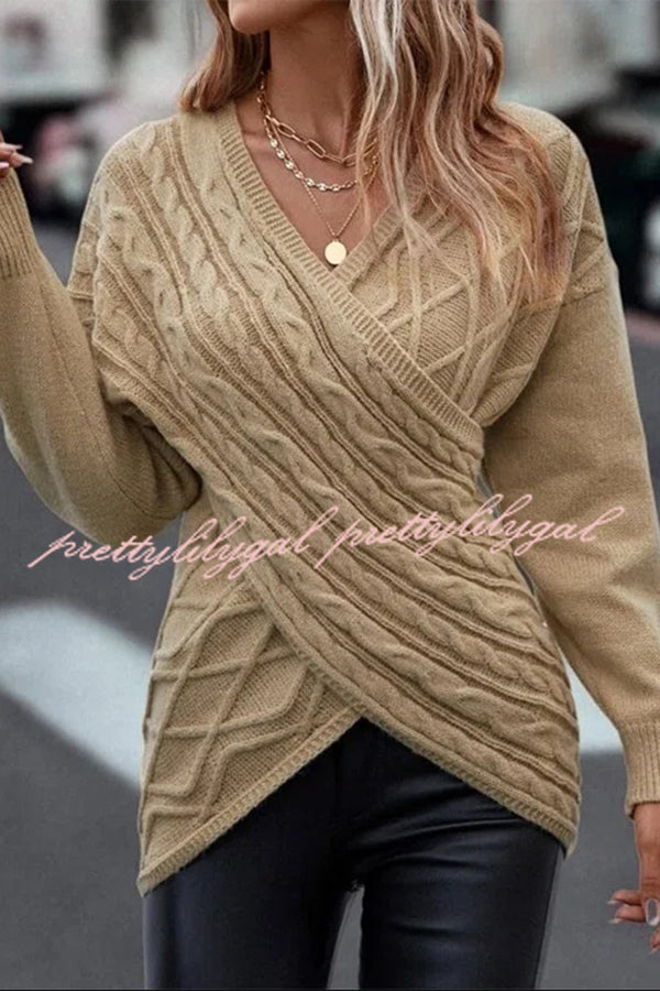 Solid Color V Neck Cross Jacquard Long Sleeved Sweater