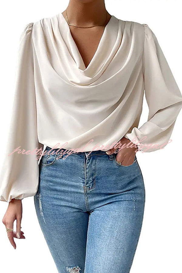 Simple and Beautiful Satin Cowl Drape Neck Long Sleeved Shirt