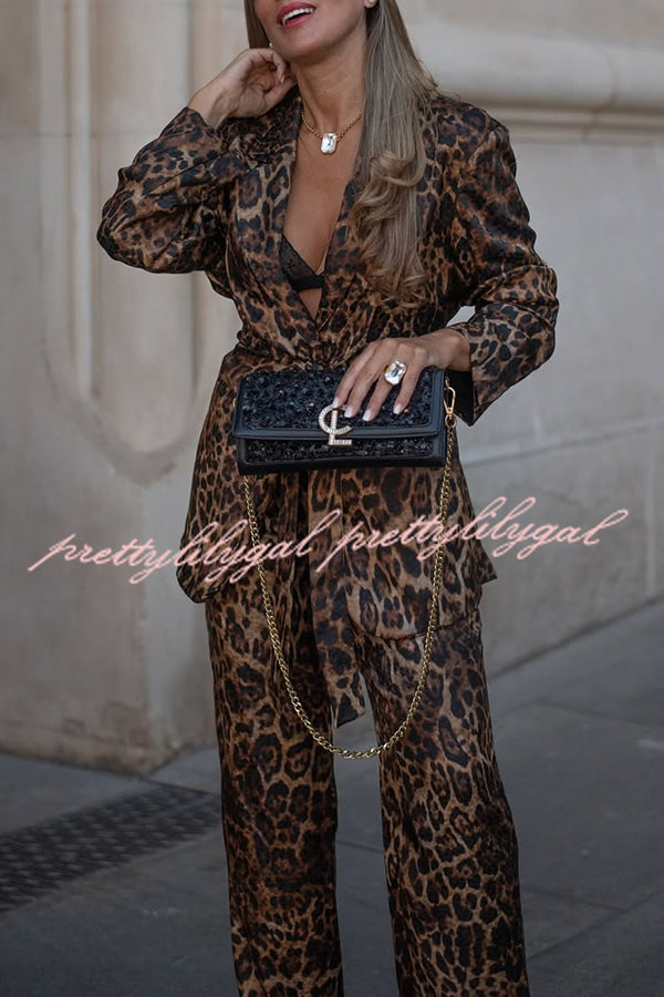 Chic View Leopard Print Tie-up Waist Lapel Blazer and Elastic Waist Loose Pants Set