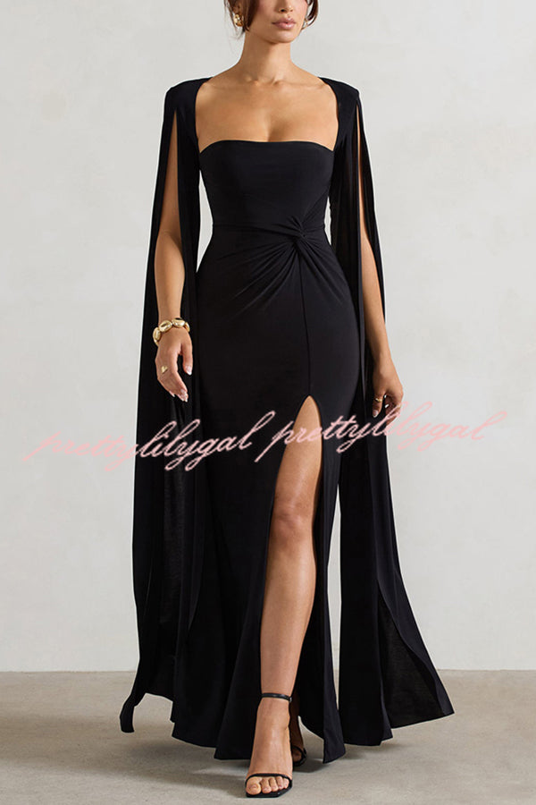 Elegant Goddess Square Neck Twisted Cape Sleeve Slit Maxi Dress