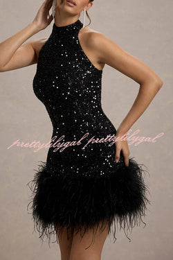 Dazzling and Playful Sequin High Neck Feather Trim Stretch Mini Dress