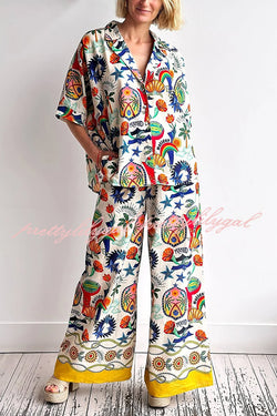 Linen Blend Unique Print Loose Short Sleeve Shirt and Elastic Waist Tie Pocket Pants Set