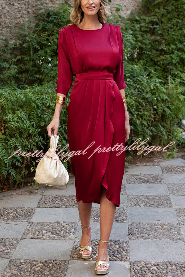 Satin Solid Color Round Neck Half Sleeve Waist Midi Dress