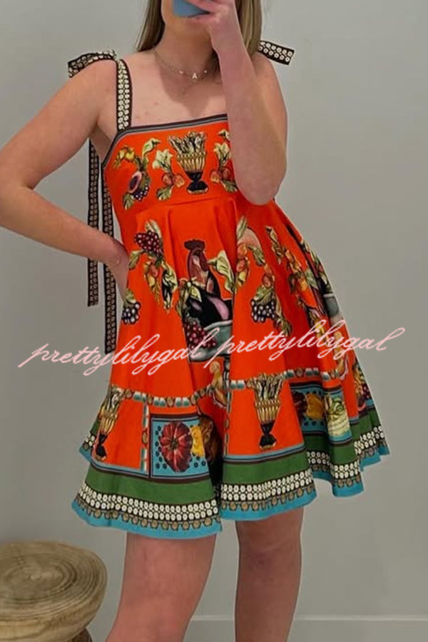 Linen Blend Unique Print Suspender Tie Casual Mini Dress