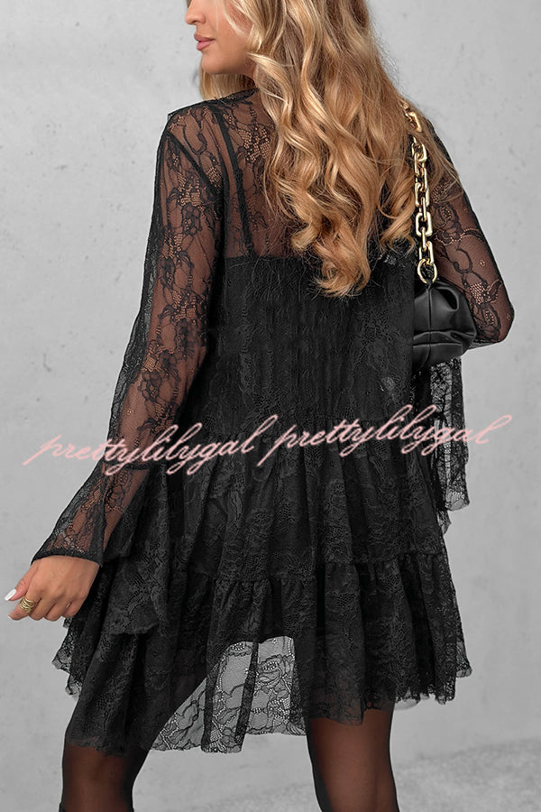 Feeling Lighthearted Lace Ruffle Neck Bell Sleeve Layered Hem A-line Mini Dress