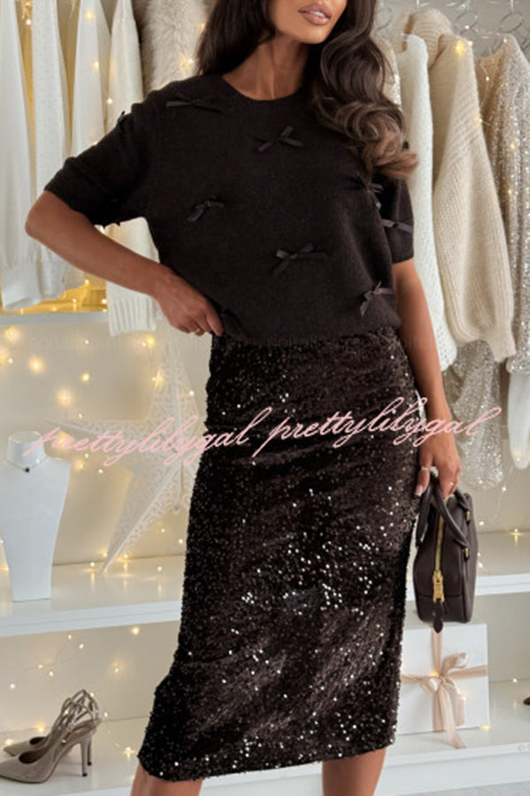 Light The Night Velvet Sequin High Rise Elastic Waist Pencil Slit Midi Skirt