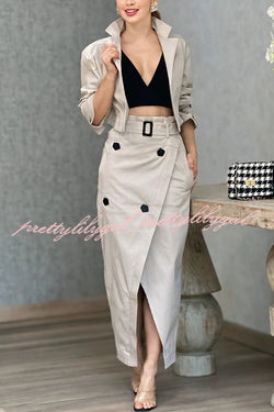 Work Style Lapel Long Sleeve Jacket and Button Belt Pocketed Slit Midi Skirt Set