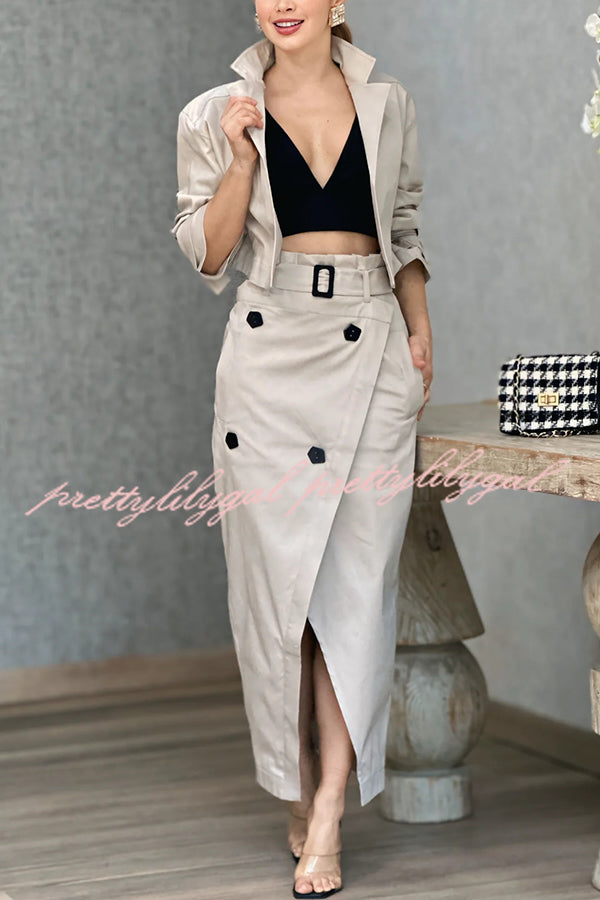 Work Style Lapel Long Sleeve Jacket and Button Belt Pocketed Slit Midi Skirt Set