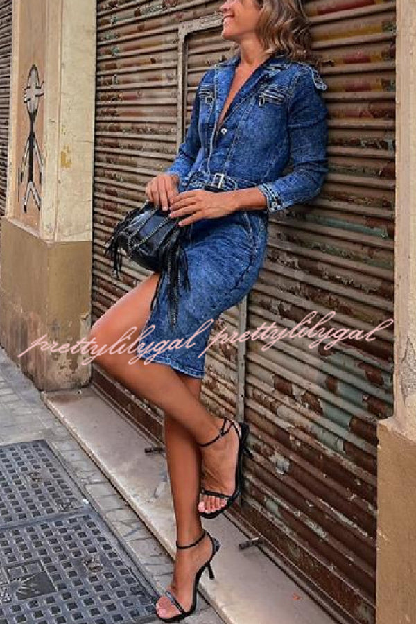 Autumn Treasure Washed Denim Button Up Pocketed Shirt Mini Dress