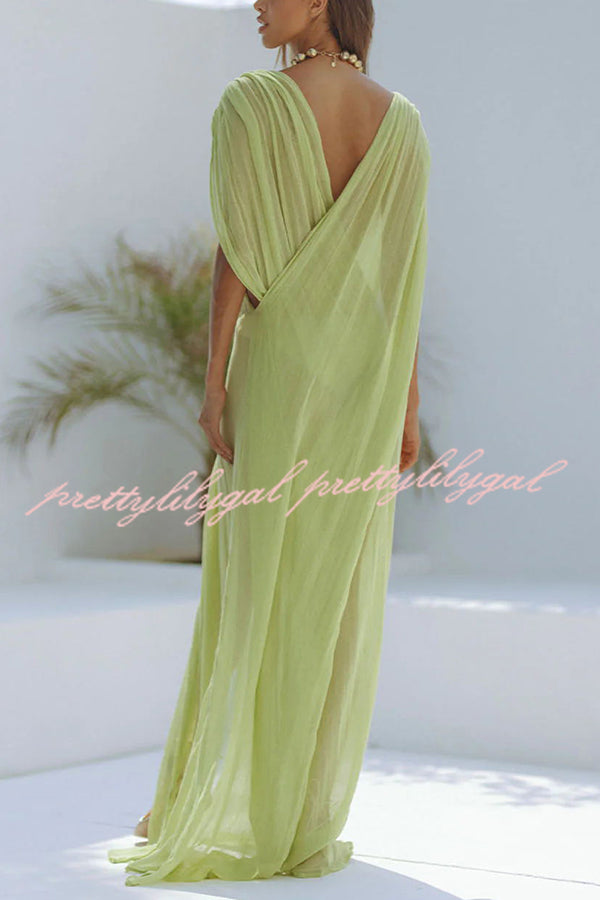 Enjoy Your Vacation Linen Blend Ruched Shoulder Drape Loose Cover Up Maxi Dress