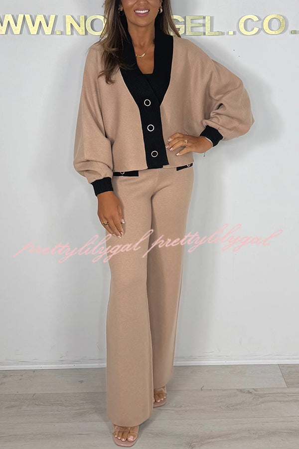 Fashion Contrast Color V-neck Loose Cardigan and Elastic Waist Casual Pants Set