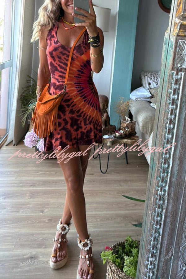 Boho Happiness Tie-dye Print Back Lace-up Stretch Mini Dress