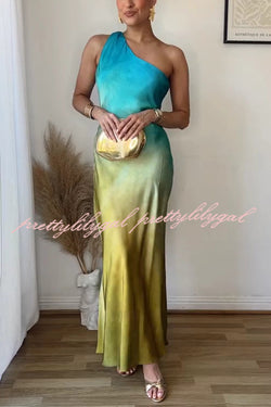 Satin Ombre One Shoulder Backless Fitted Maxi Dress