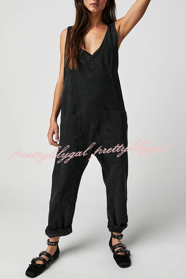 Pocket V Neck Suspender Denim Jumpsuit