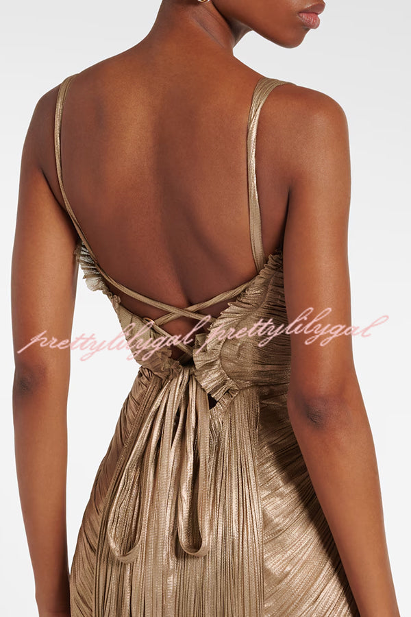 Vegas Queen Metallic Pleated Sculpted Bodice Back Lace-up Drape Maxi Dress