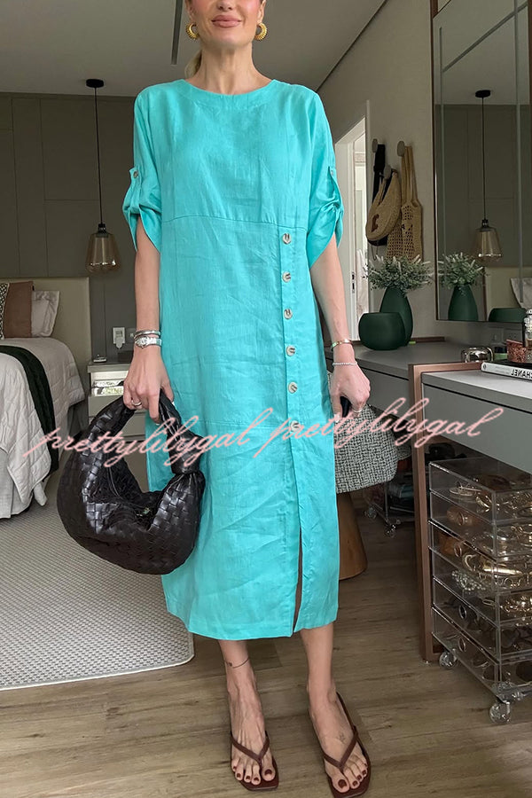 Ultra-comfortable Linen Blend Half Sleeve Front Button Detail Relaxed Pocket Midi Dress