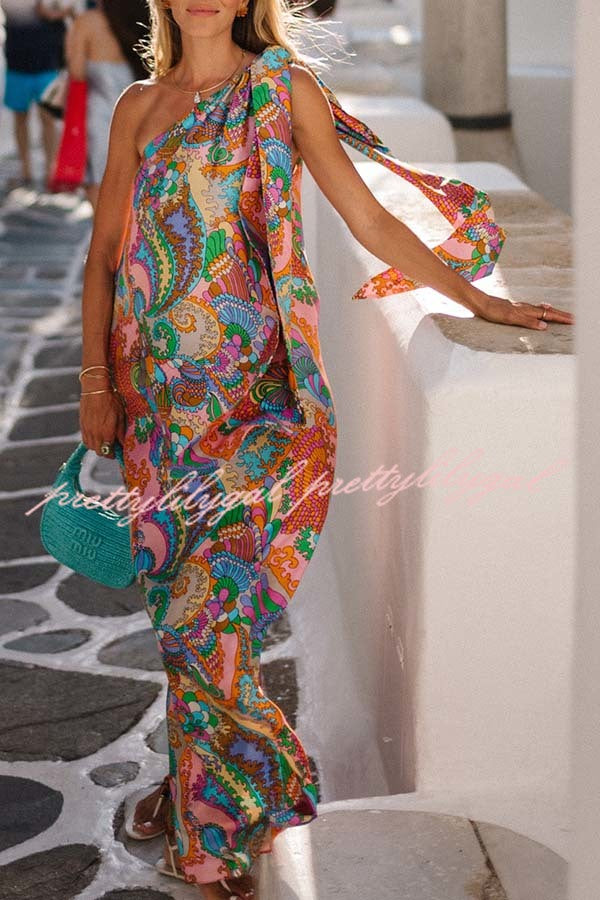 Rainbow Breeze Satin Unique Print Bow One Shoulder Loose Maxi Dress