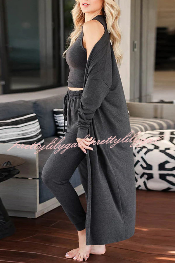 Lounge Casual Long Sleeved Cardigan Slim Vest Lace Up Pants Three Piece Set