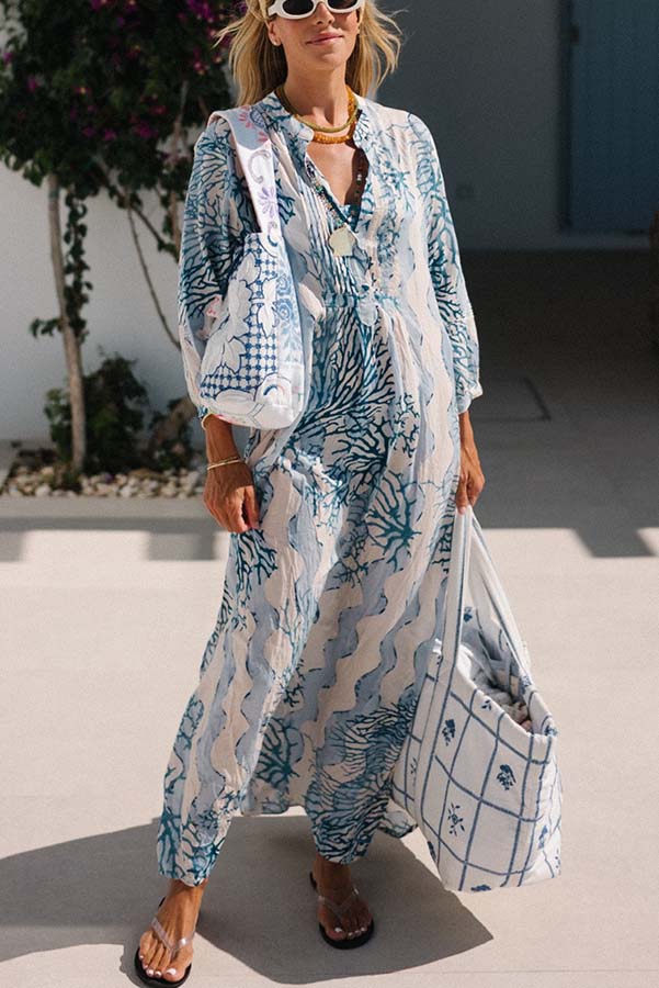 Quiet Sea Unique Print Pleated Neck Long Sleeve Slit Kaftan Maxi Dress