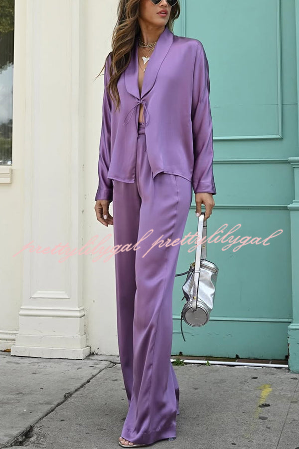 Beyond Time Satin Lapel Lace-up Blouse and Back Elastic Pocketed Loose Pants Set