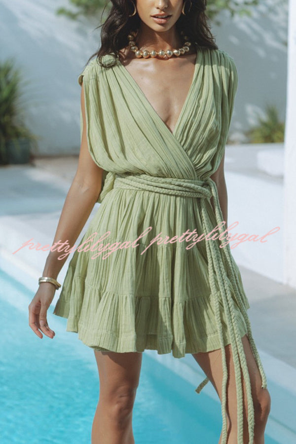 Glimpse of Happiness Linen Blend Draped Braids Belt Cover Up Mini Dress