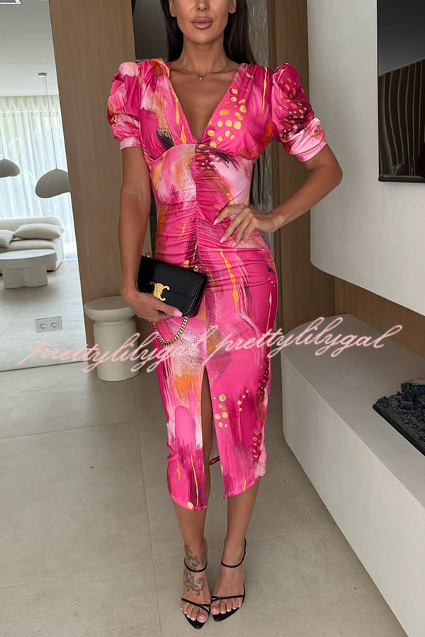 Unique Print V-Neck Puff Sleeve Slit Slim Midi Dress
