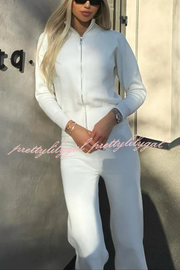 Cozycore Knit Zipper Long Sleeve Cardigan and Stretch Wide Leg Pants Set