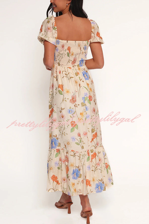 Dreamy Floral Print Square Neck Puff Sleeve Smocked Maxi Dress
