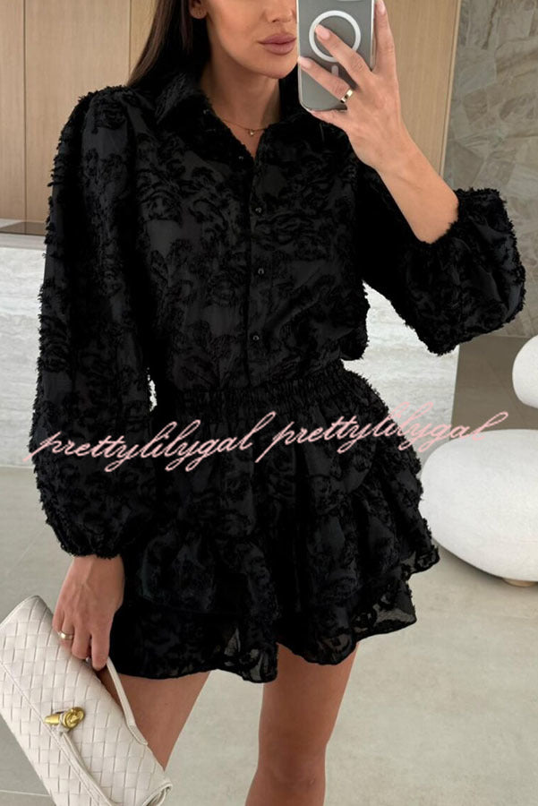 Unique Lace Texture Fabric Balloon Sleeve Blouse and Elastic Waist Layered Skirt Set