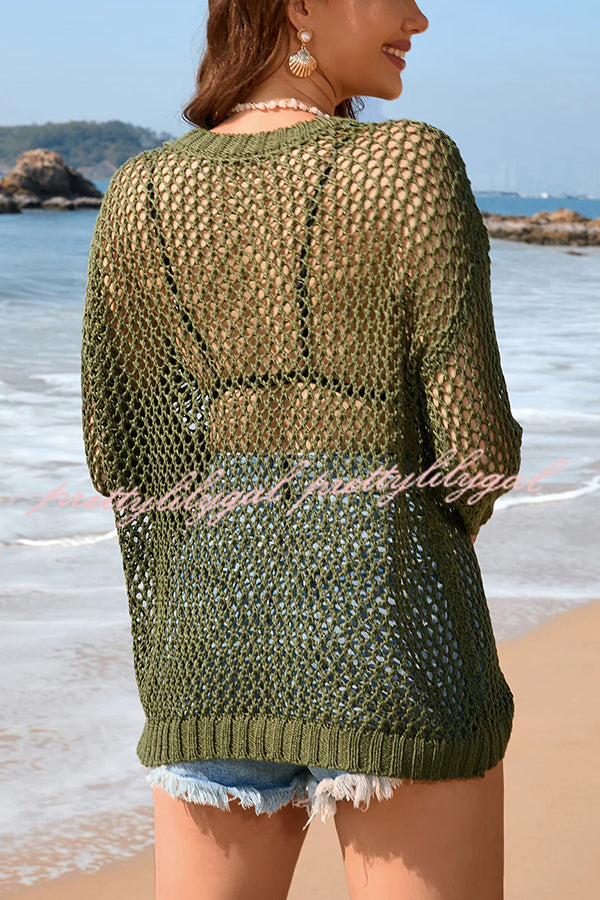 Solid Color Round Neck Long Sleeve Heart Knitted Beach Cover Up