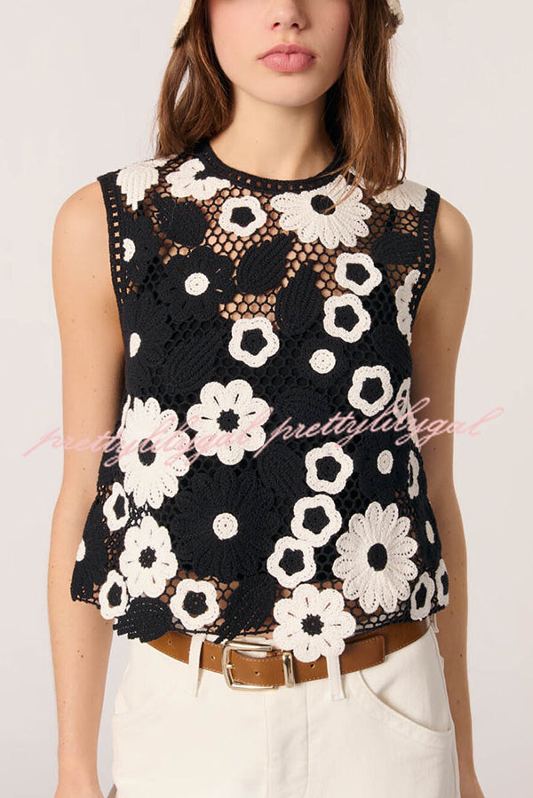 Fashionable Embroidered Hollow Crochet Sleeveless Round Neck Knitted Vest