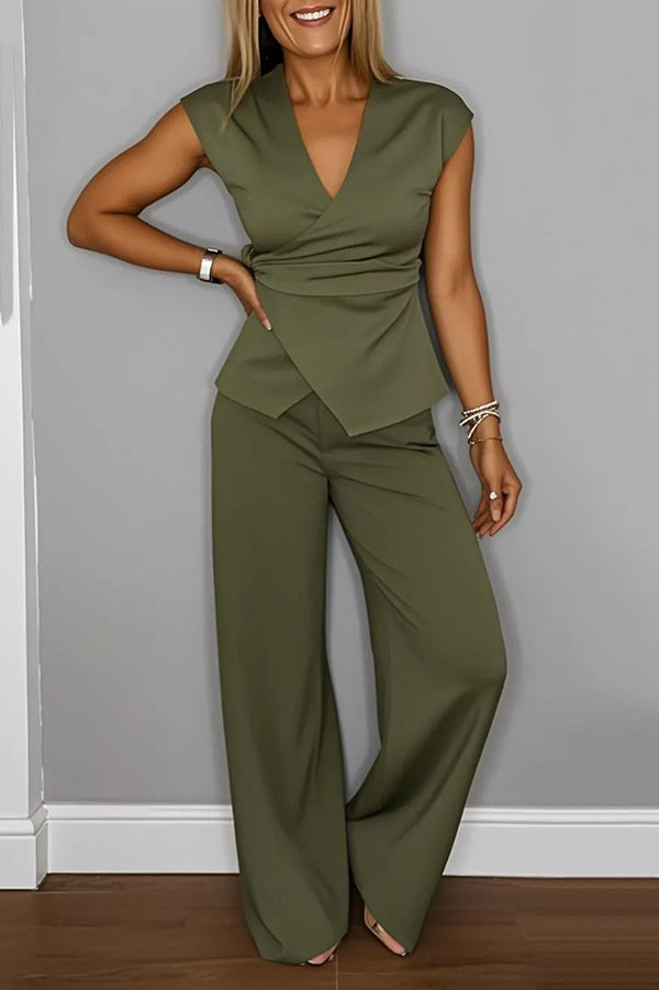 Solid Color V-neck Metal Buttoned Pleated Top and Casual Straight Pants Set