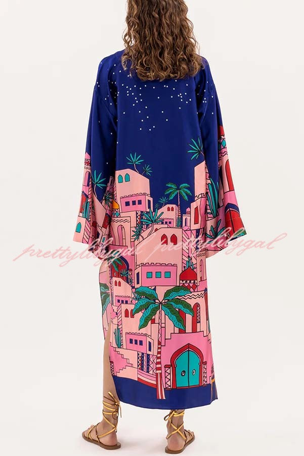 Seaside Stroll Satin Unique Print Button Up Long Sleeve Slit Kaftan Midi Dress