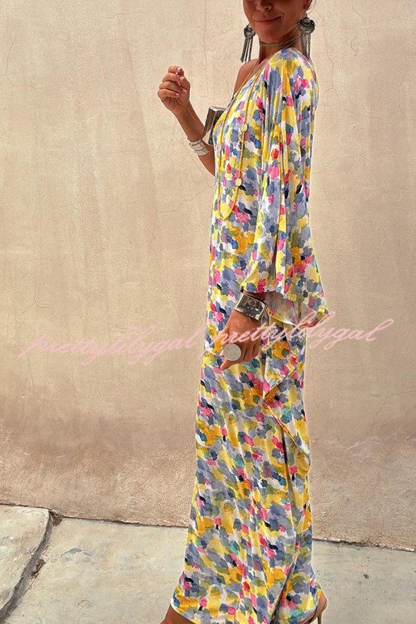 Indio Watercolor Print One Shoulder Drape Sleeve Maxi Dress