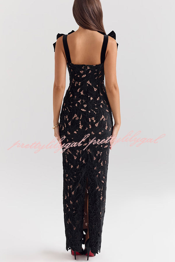 Holiday Intimacy Embroidered Floral Lace Bow Shoulder Straps Slit Maxi Dress