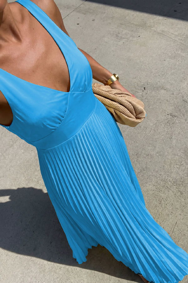 v neck cut out waist sleeveless pleated maxi dress Satin Pleated V-neck Sleeveless Cutout Maxi Dress With Pockets