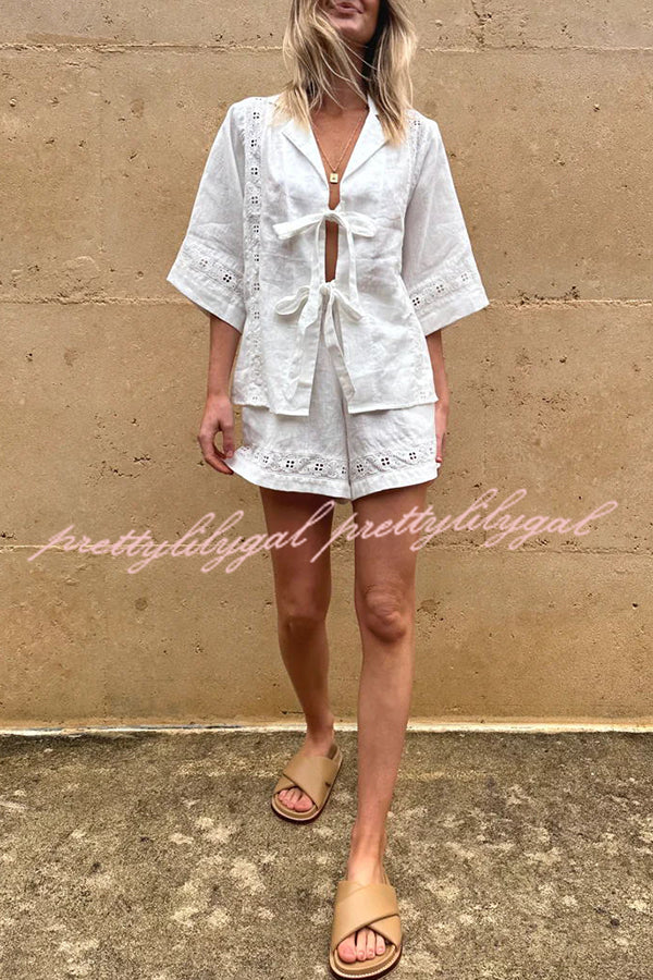 Celebrate Vacation Linen Blend Lace Splicing Tie-up Shirt and Elastic Waist Pocketed Shorts Set