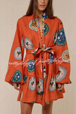 Linen Blend Unique Print Tie Waist Loose Mini Dress