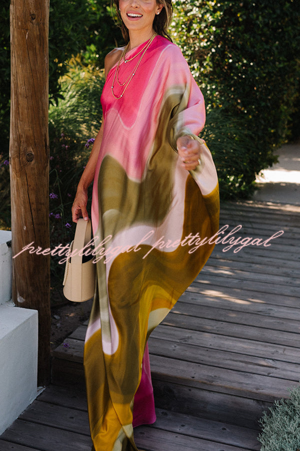 Summertime Favorites Satin Tie Dye Print One Shoulder Drape Vacation Maxi Dress