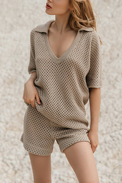 Fashion Hollow V-neck Short-sleeved Top and Elastic Waist Casual Shorts Set