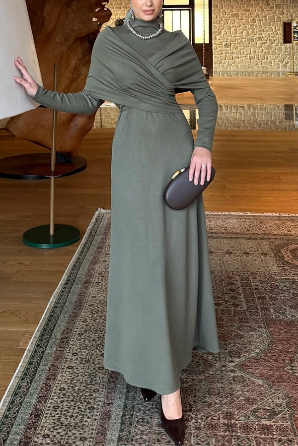 slim fit dress slacks Solid Color High-Neck Long-Sleeved Crossover Waist Slim-Fit Maxi Dress