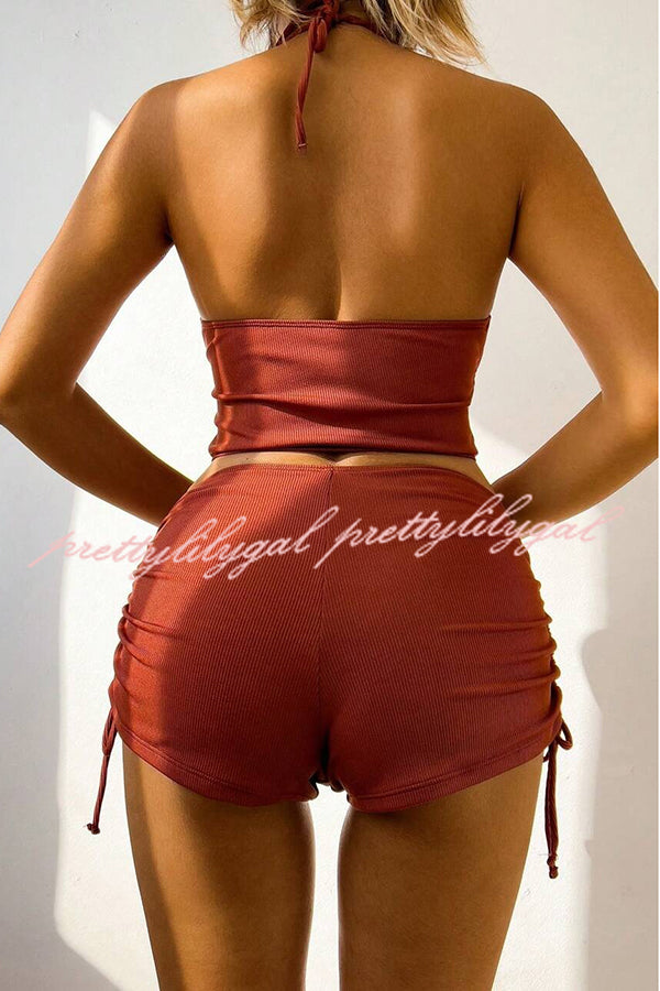 Solid Color Sexy Halter Neck High Waist String Stretch Bikini Swimsuit