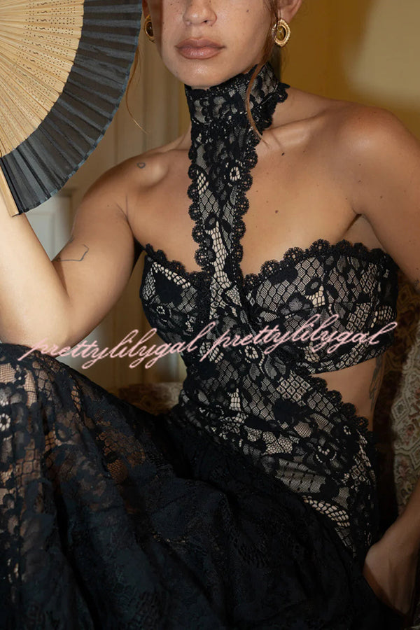 A Girls' Trip Lace High Neck Cutout Drop Waist Ruffles Maxi Dress