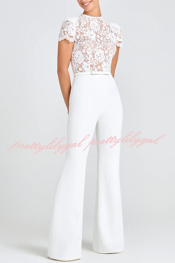Party Charmer Flower Lace Patchwork Short Sleeve Bow Belted Flare Jumpsuit
