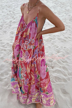 Painter's Garden Boho Floral Print Strappy A-line Maxi Dress