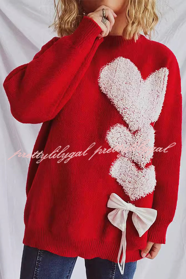 Love Jacquard Loose Cute Bowknitted Long Sleeve Sweater