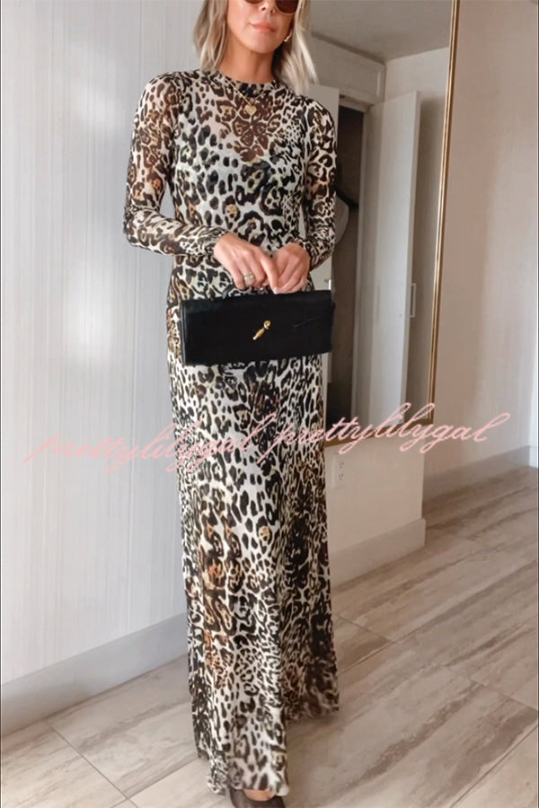 Wild As They Come Mesh Leopard Long Sleeve Stretch Maxi Dress