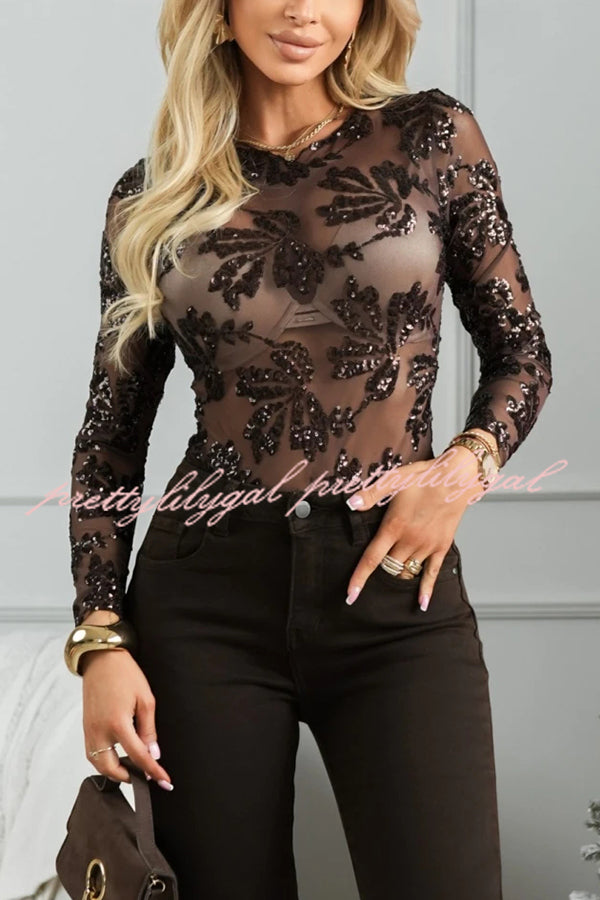 Dazzling and Sparkle Mesh Floral Sequin Long Sleeve Stretch Bodysuit